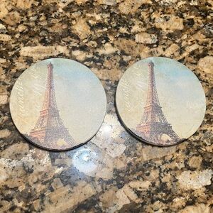 Eiffel Tower Vintage Style Round Ceramic Coasters - Beige Blue (Set of 2)